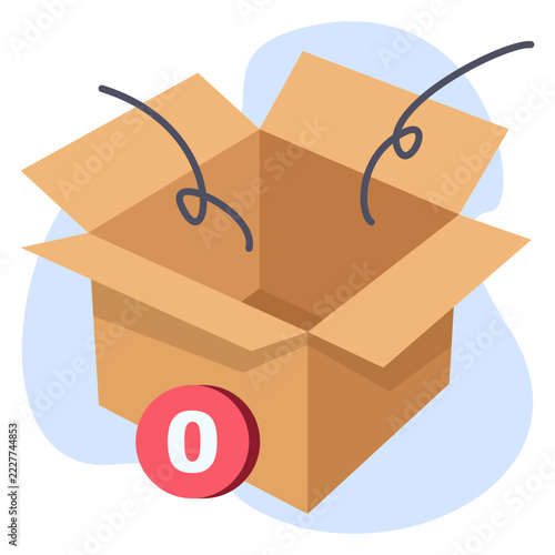Empty Cardboard Box with Zero Notification Badge Flat Color Vector Illustration