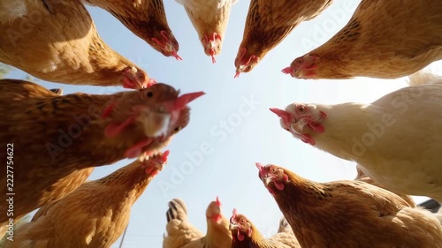 Chickens gathered in circle looking down from above, rural farmyard scene, clear blue sky, low angle shot, natural light, organic farming concept.