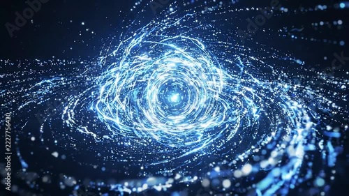 Swirling blue particles in vortex motion against dark cosmic background, abstract science footage with digital glow effect.
