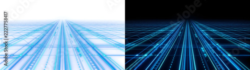 Obraz na plátně Neon glowing blue perspective grid highway lanes for data network designs in PNG