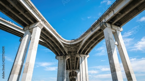 A low-angle photograph captures a massive concrete bridge structure against a bright blue sky. The bridge features multiple arched supports and roadways, creating a dramatic perspective.