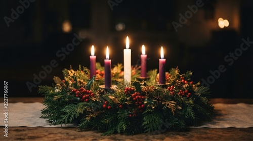 A wreath of evergreen branches and red berries holds five candles. Four purple candles and one white candle are arranged in a circle on a wooden table.