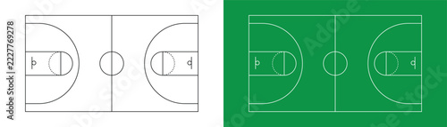 Basketball court layout diagram vector template with black outline and green field background variations for sports coaching and tactical planning
