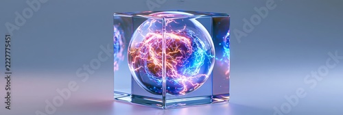 Glass cube holding a luminous, electrically charged orb with purple