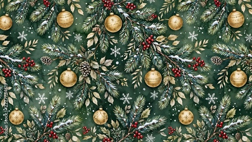 Elegant vintage Christmas wrapping paper pattern with snowy pine branches, red berries, pinecones, gold Christmas baubles, and white snowflakes on dark forest green watercolor background, 16:9.