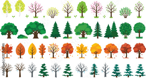Four seasons vector tree icon set featuring flat cartoon illustrations of spring blossoms summer greenery autumn foliage and snowy winter branches
