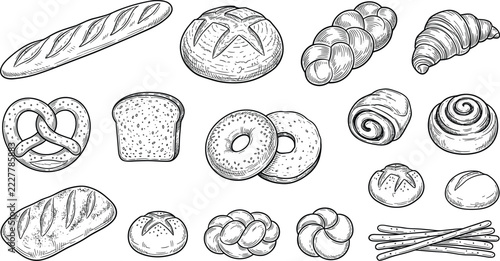 Hand drawn bakery product line art vector illustration set featuring vintage sketch style bread baguettes croissants pretzels and buns for cafe menus