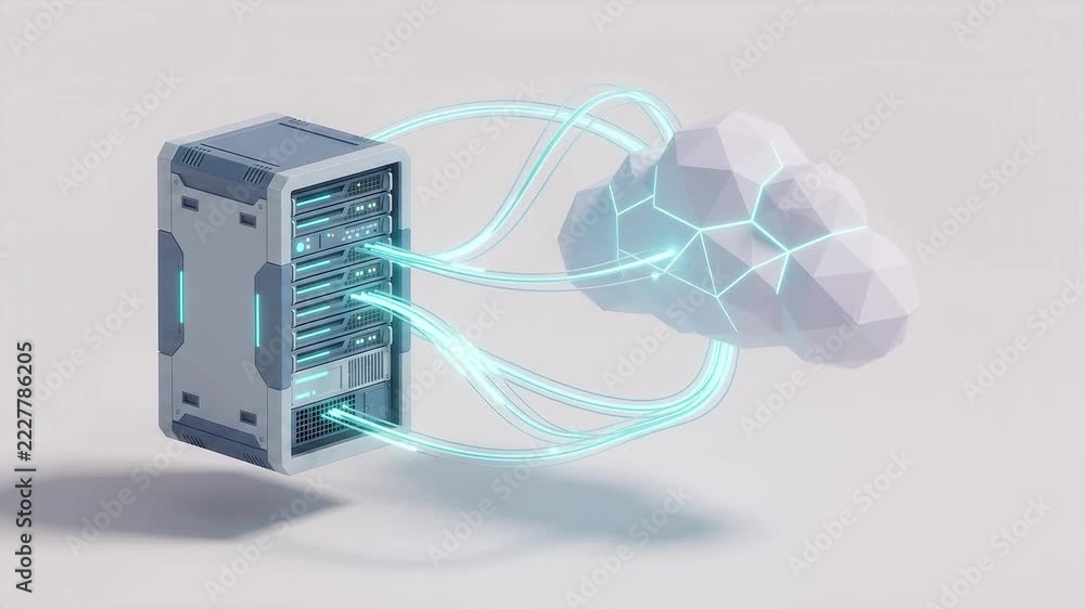 3D low poly cloud computing server animation, digital data transfer ...