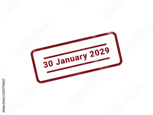 Red vintage style date stamp with 30 January 2029 text