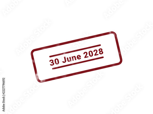 Red vintage date stamp with 30 June 2028 printed on it