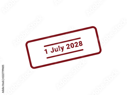 Red vintage date stamp with July 2028 calendar marking