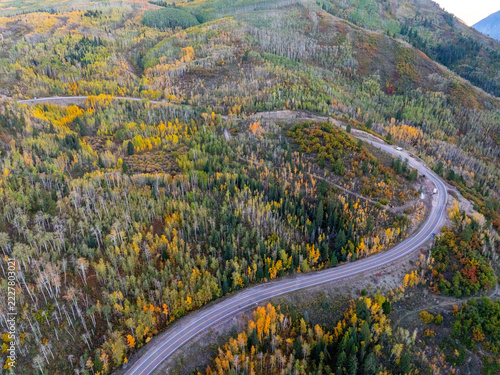 Close up of a High elevation Colorado grade switch backs in the fall