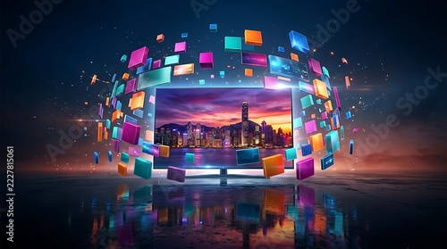 Flat screen television displaying a cityscape at sunset surrounded by floating colorful digital cubes in space