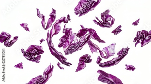 Floating pieces of shredded purple cabbage leaves suspended in the air against a clean, solid white background