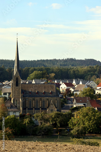 St. Laurentius church and Seesbach village in a vertical view