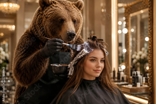 A bear dressed as a hairdresser applies hair dye to a young woman in a luxury salon, with foil highlights, warm lighting, and a stylish, whimsical atmosphere.