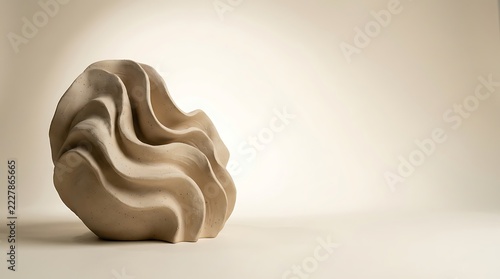 Abstract ceramic sculpture with wavy organic folds on neutral background for minimalist interior design.