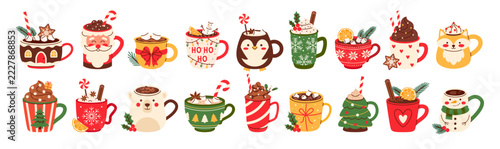 Cute Christmas mugs set. Festive winter holiday coffee cups with cocoa, marshmallows, gingerbread man, cinnamon sticks, candy cane and cute animal faces. Cozy New Year hot chocolate cup collection.