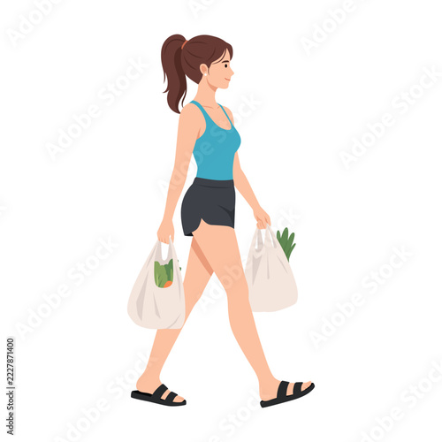 Woman Walking with Grocery Bags Filled with Fresh Vegetables in Casual Summer Outfit. Flat vector illustration isolated on white background