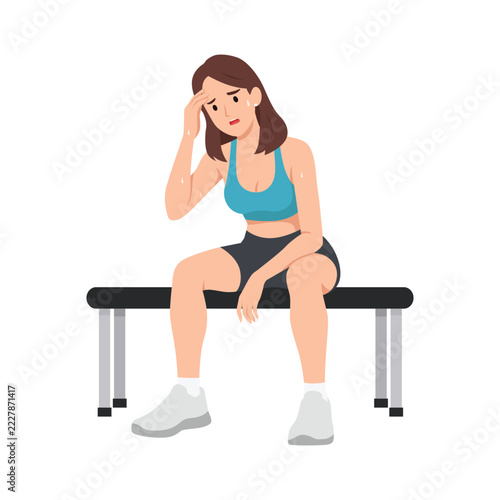 Tired Woman Sitting on Gym Bench After Workout, Wiping Sweat from Forehead. Flat vector illustration isolated on white background