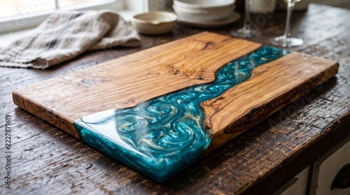 Epoxy resin charcuterie board with blue river on rustic wooden table