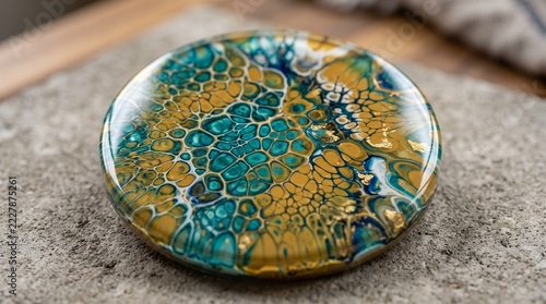 Round resin coaster with teal and gold fluid art on stone surface