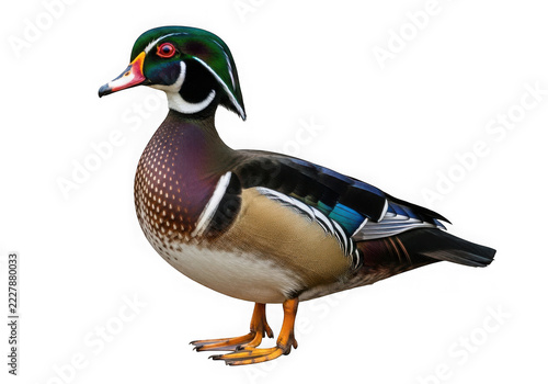 Colorful male wood duck standing on the ground isolated on transparent background