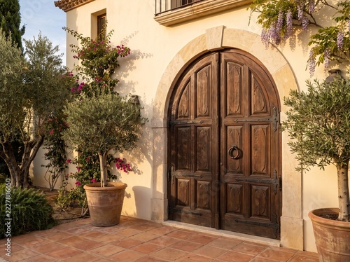 Image of a Mediterranean villa entrance with a large arched, dark-brown wooden front door, hand-crafted wood panels, an antique iron ring handle.