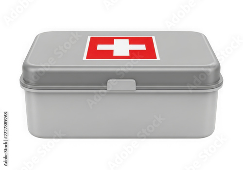 Grey plastic first aid kit box with a red cross symbol on the lid isolated on transparent background