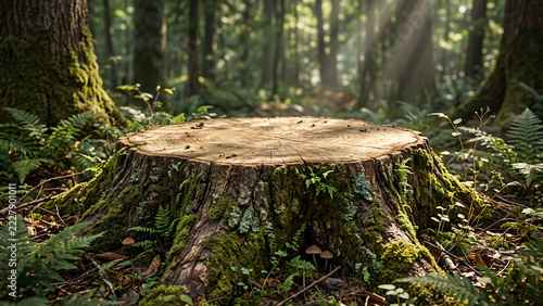 Morning sunbeams illuminating mossy tree log in green forest with copy space