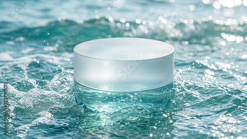 Clear acrylic cylinder podium in dynamic turquoise water waves with copy space