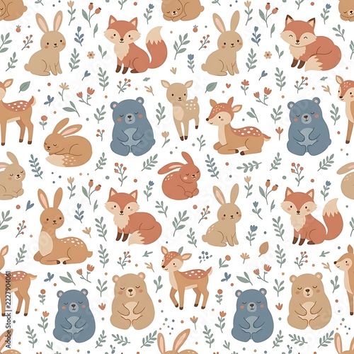 Spring forest animals pattern with bunnies foxes deer bears on floral