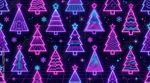 Colorful neon Christmas trees pattern on a dark background