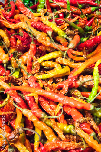 Colorful chili peppers in a farmers market.