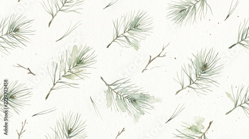 Watercolor pine branch pattern on a white background for textiles and designs
