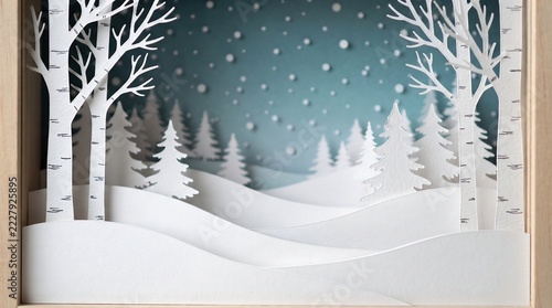 Layered papercut winter forest landscape featuring white birch trees and pine trees under snowfall inside wooden frame