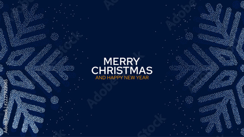 Merry Christmas and Happy New Year greeting with dotted snowflake border. Holiday card design. Seasonal celebration and winter wishes. Blue festive banner with copy space.
