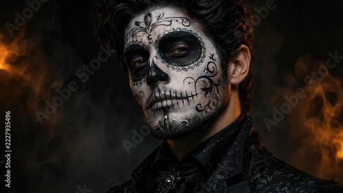 Man in ornate sugar skull makeup and gothic costume turns toward camera. Halloween party, fantasy fashion and costume. Dia de los Muertos celebration. Theatrical portrait.