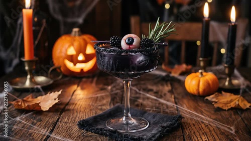Hand presents Halloween cocktail garnished with edible eyeball and berries. Spooky party drink with pumpkin decor. Seasonal food and beverage styling. Halloween celebration.