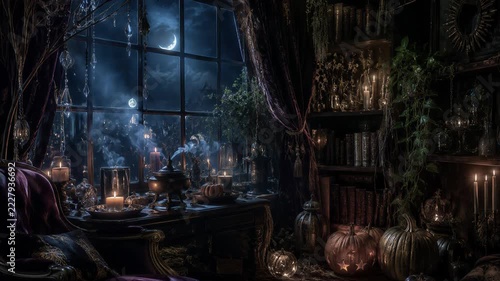 Whimsigoth Halloween study with pumpkins, candles and a moonlit window. Gothic library interior. Witchcraft and autumn holiday decor. Spooky seasonal atmosphere.