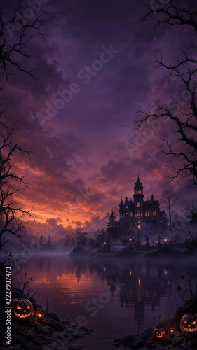 Halloween pumpkins beside a misty lake and haunted castle at dusk. Spooky autumn landscape. Halloween holiday, eerie fantasy setting. Gothic horror, seasonal background. Vertical video