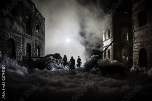 Nuclear war apocalypse concept. Explosion of nuclear bomb in city. City destroyed by atomic war. Creative artwork decoration in dark.
