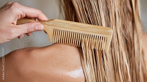 Close up of hand combing wet blonde hair with wooden wide tooth comb