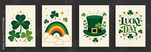 Obraz na plátně Set of four st patrick day greeting cards, retro flat vector illustration with s