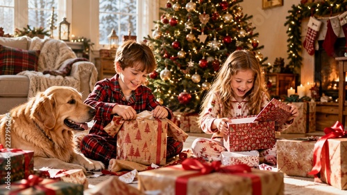 Two delighted children open wrapped Christmas presents on the floor beside a ...