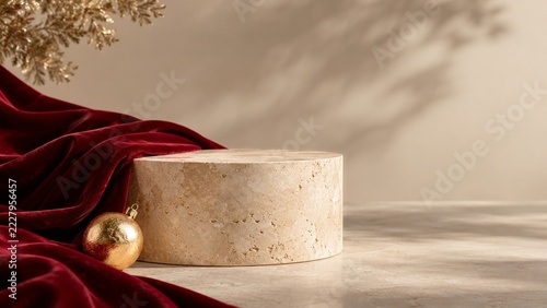 An empty cream stone pedestal stands beside draped burgundy velvet, a small g...