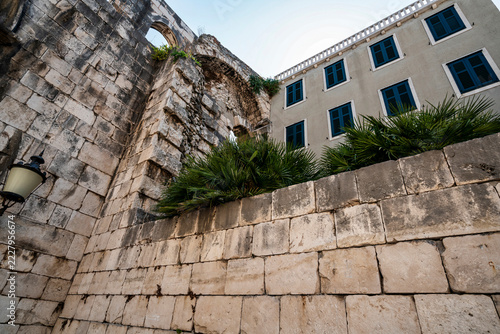 Ancient Roman Palace Walls and Mediterranean Buildings in Split Croatia