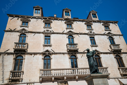 Marko Marulic Bronze Statue and Renaissance Palace Facade in Split Croatia