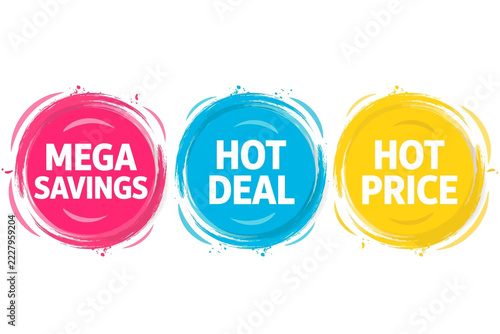 Promotional labels for savings, deals, and prices in bright colors  