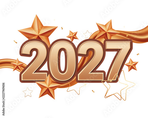Three-dimensional gold numbers 2027 decorated with metallic stars and flowing ribbons for new year celebration, isolated on a transparent background